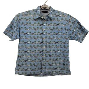 Tommy Hilfiger Golf Short Sleeve Button Up Shirt Mens Large Blue Tropical Car